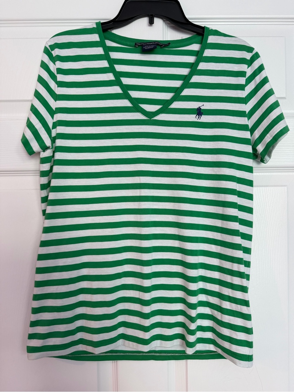 Ralph Lauren Green & White Striped V-Neck Shirt with Navy Pony